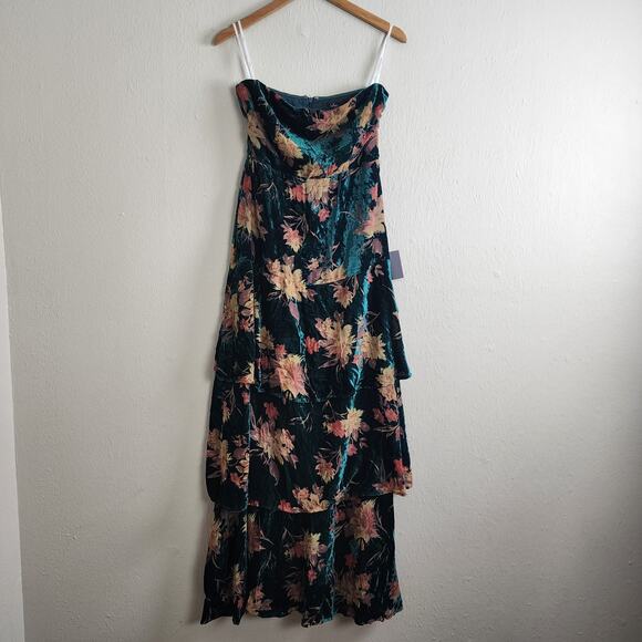 NWT Lulus Real Allure Emerald Green Burnout Velvet Floral Strapless Maxi Dress - Picture 5 of 15